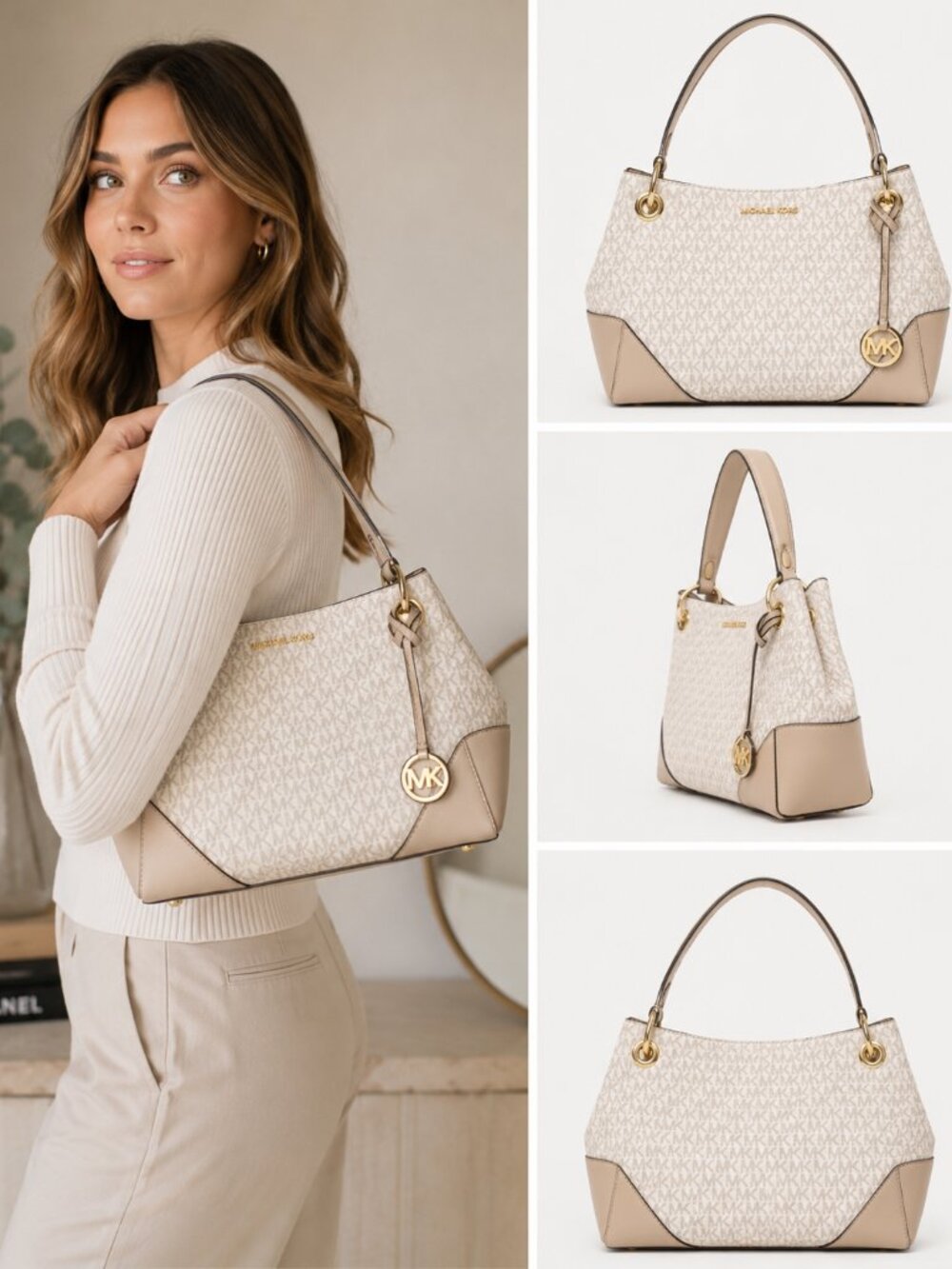 Michael Kors Nicole Leather Logo Shoulder Handbag New NWoT  Beige